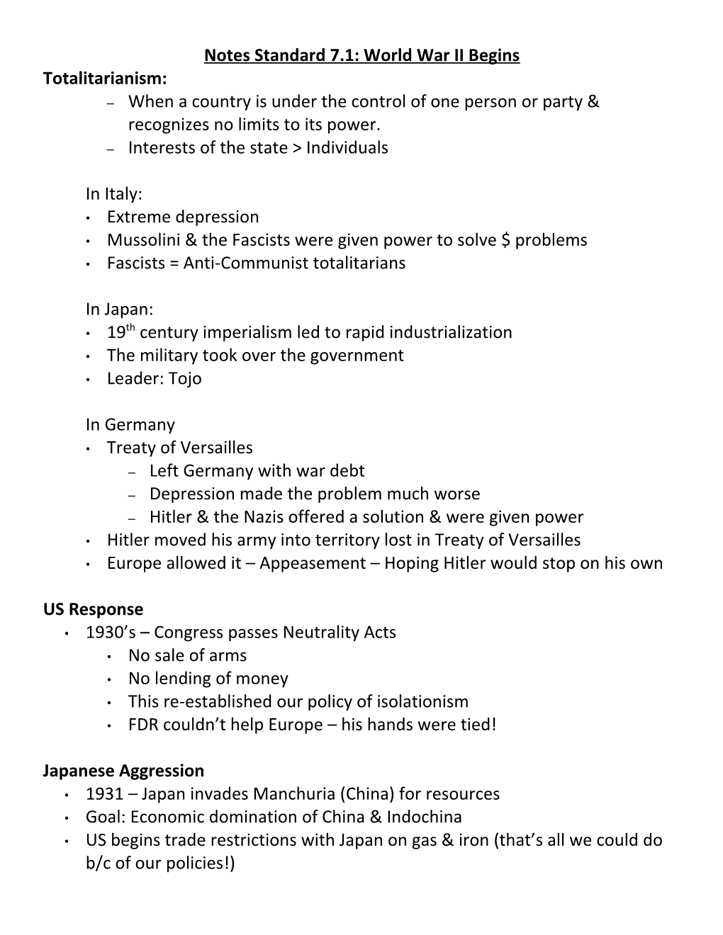 Notes Standard 7.1: World War II Begins