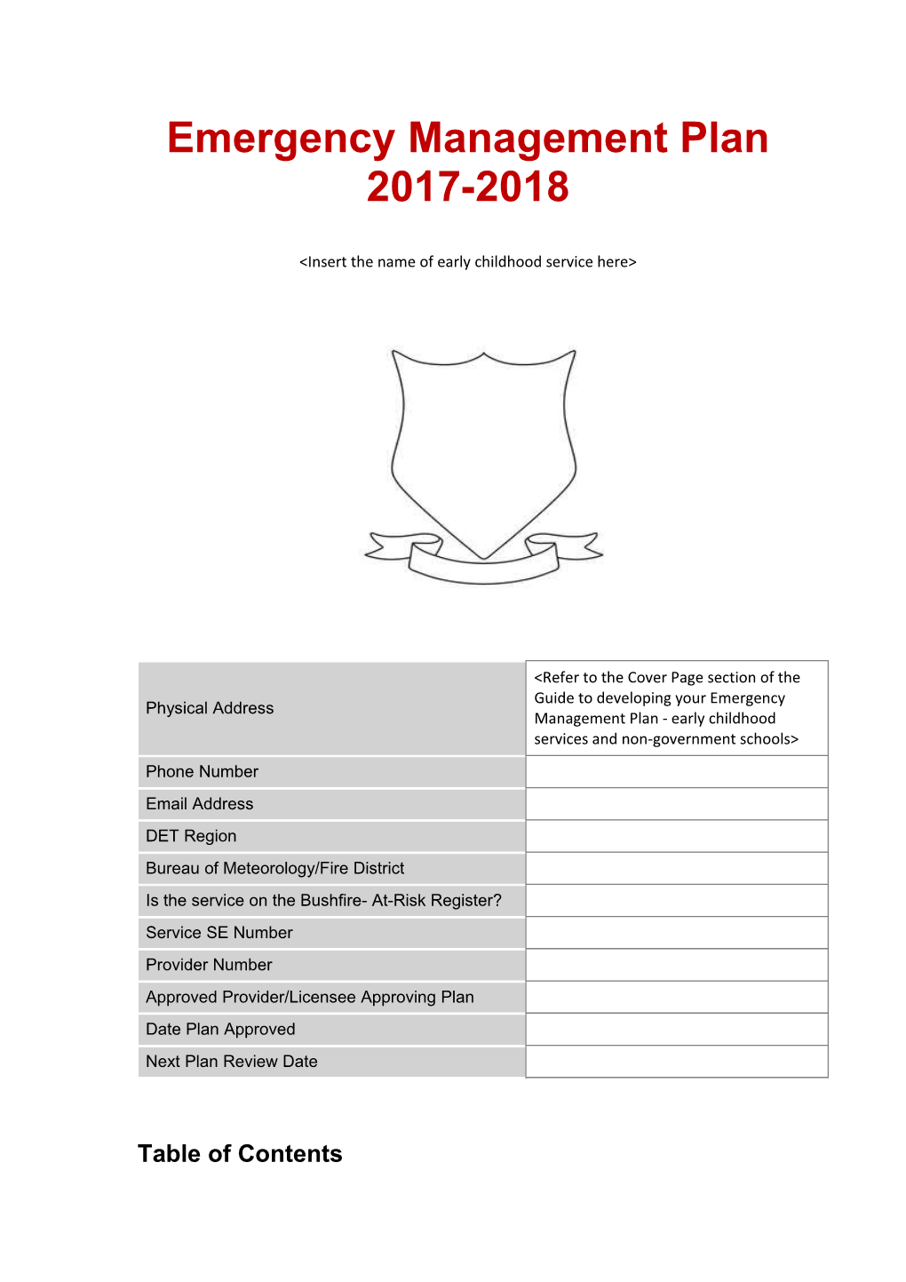 Emergency Management Plan Template - Early Childhood