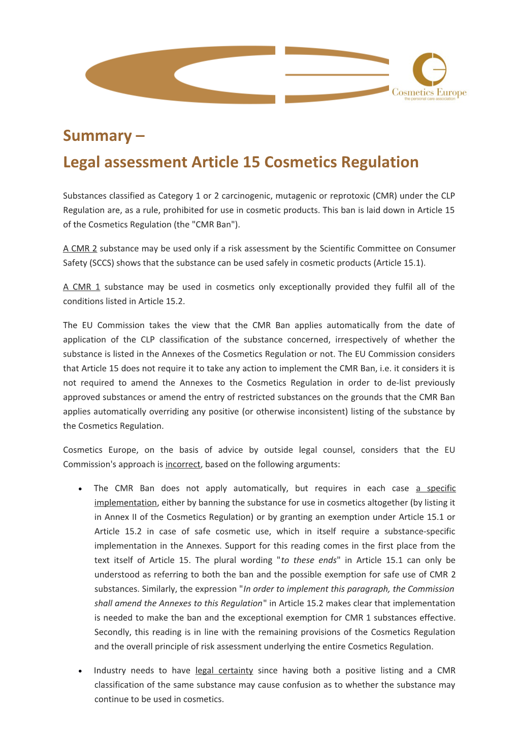 Legal Assessment Article 15 Cosmetics Regulation