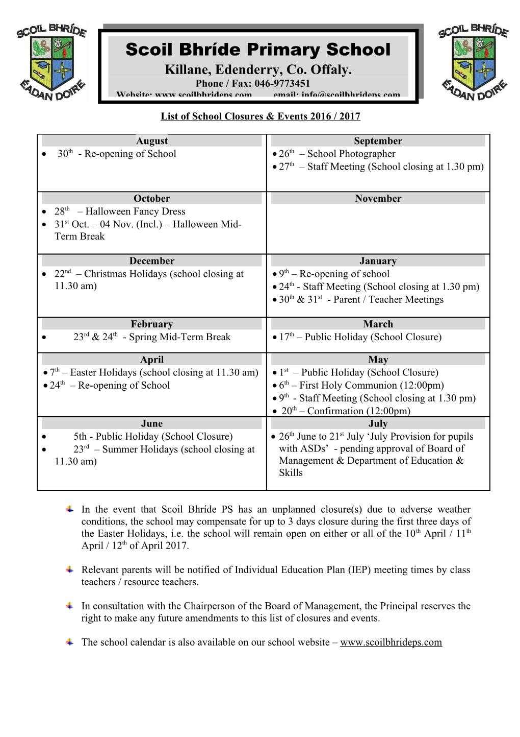 List of School Closures & Events 2016 / 2017