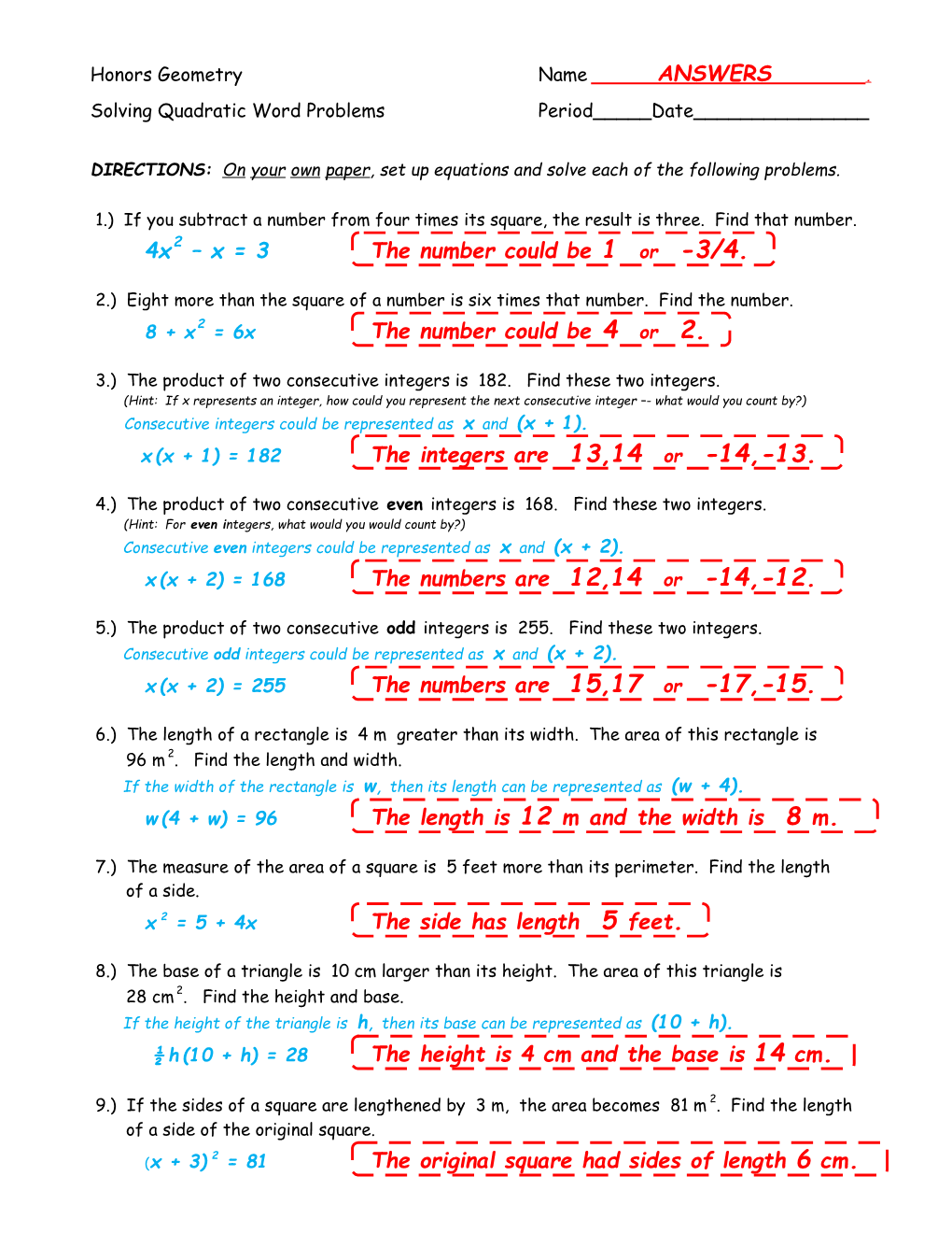 Honors Geometryname ANSWERS