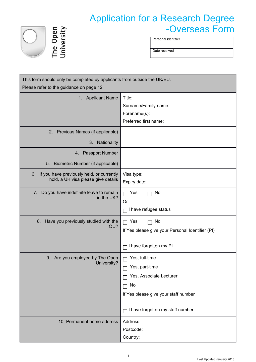 Application for a Research Degree -Overseas Form