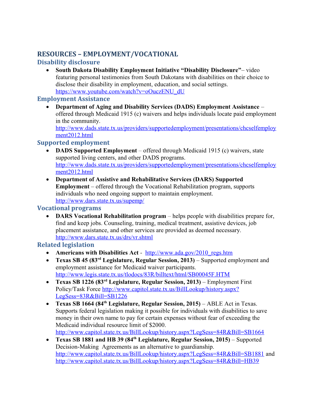 Employment Vocational Transition Resources