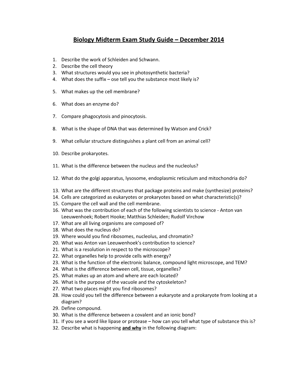 Biology Midterm Exam Study Guide December 2014