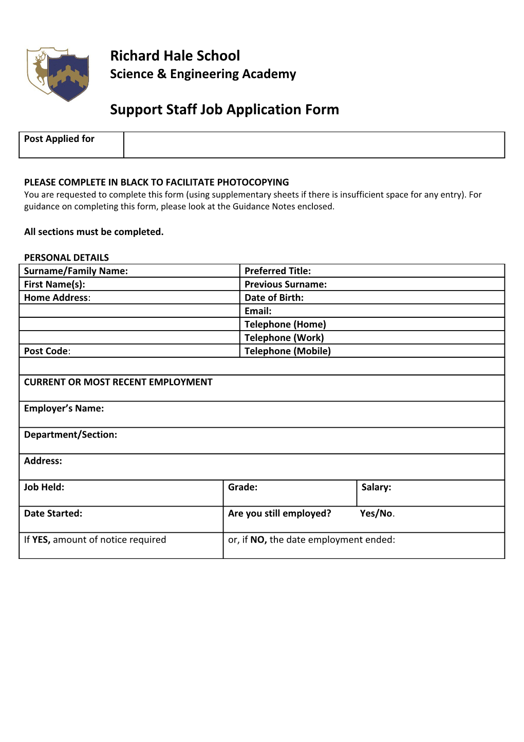 Hertfordshire County Council Job Application Form (Support Staff) s2