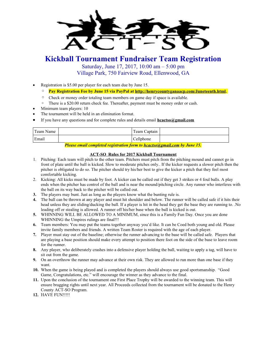 Kickball Tournament Fundraiser Team Registration