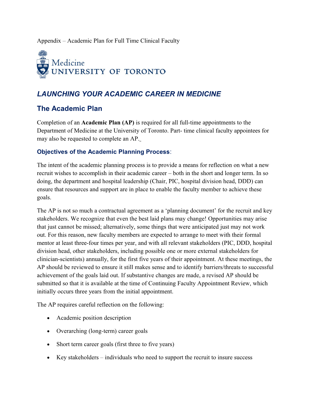 Appendix Academic Plan for Full Time Clinical Faculty