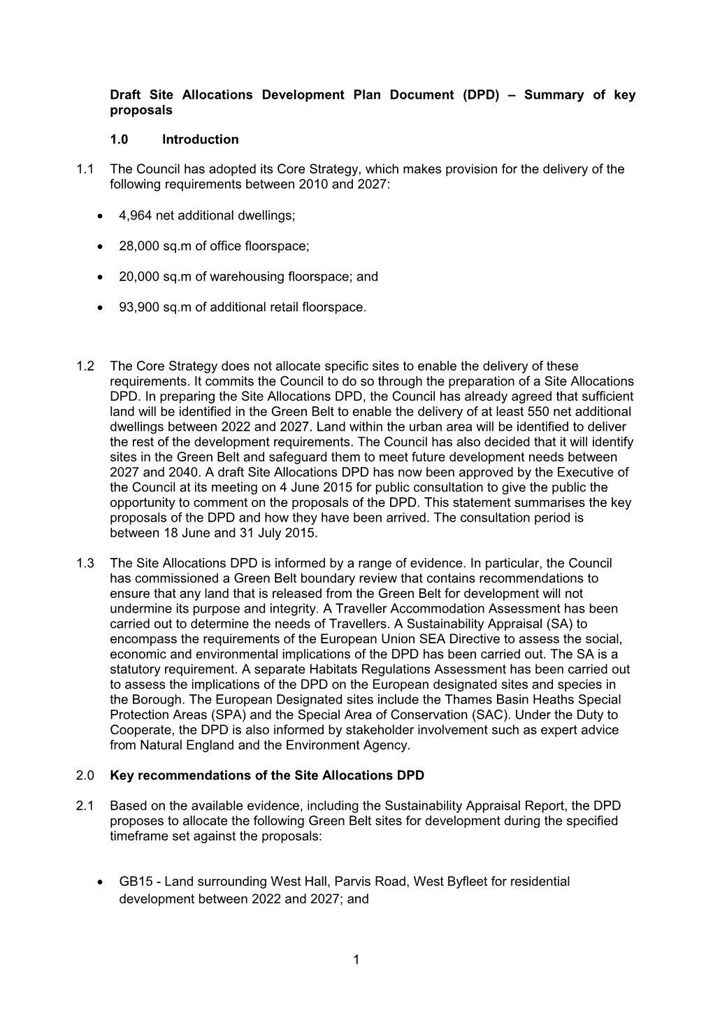 Summary of Key Proposals - Site Allocations DPD