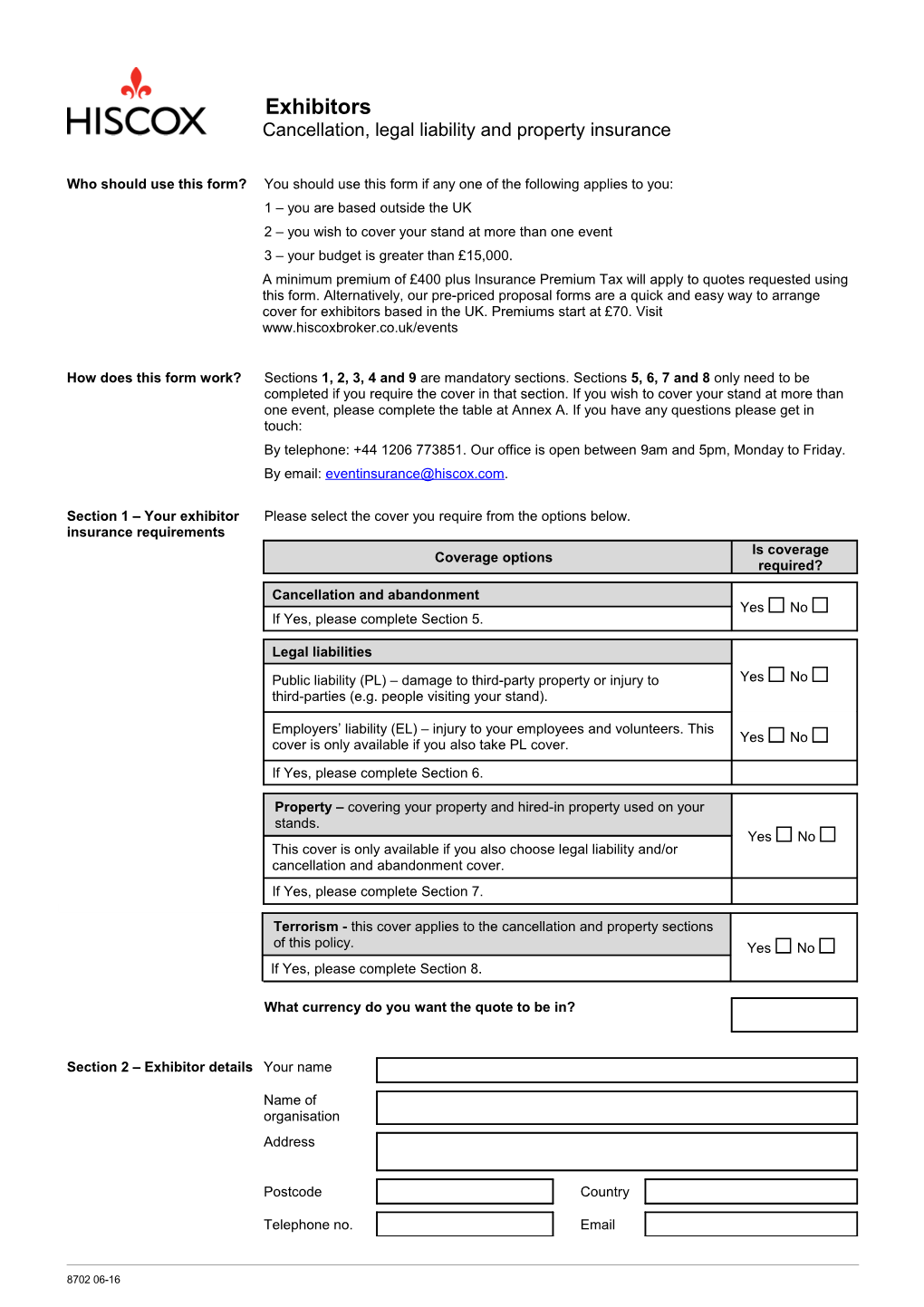 Exhibitors (Events) - Full Bespoke Quote Proposal Form (UK)