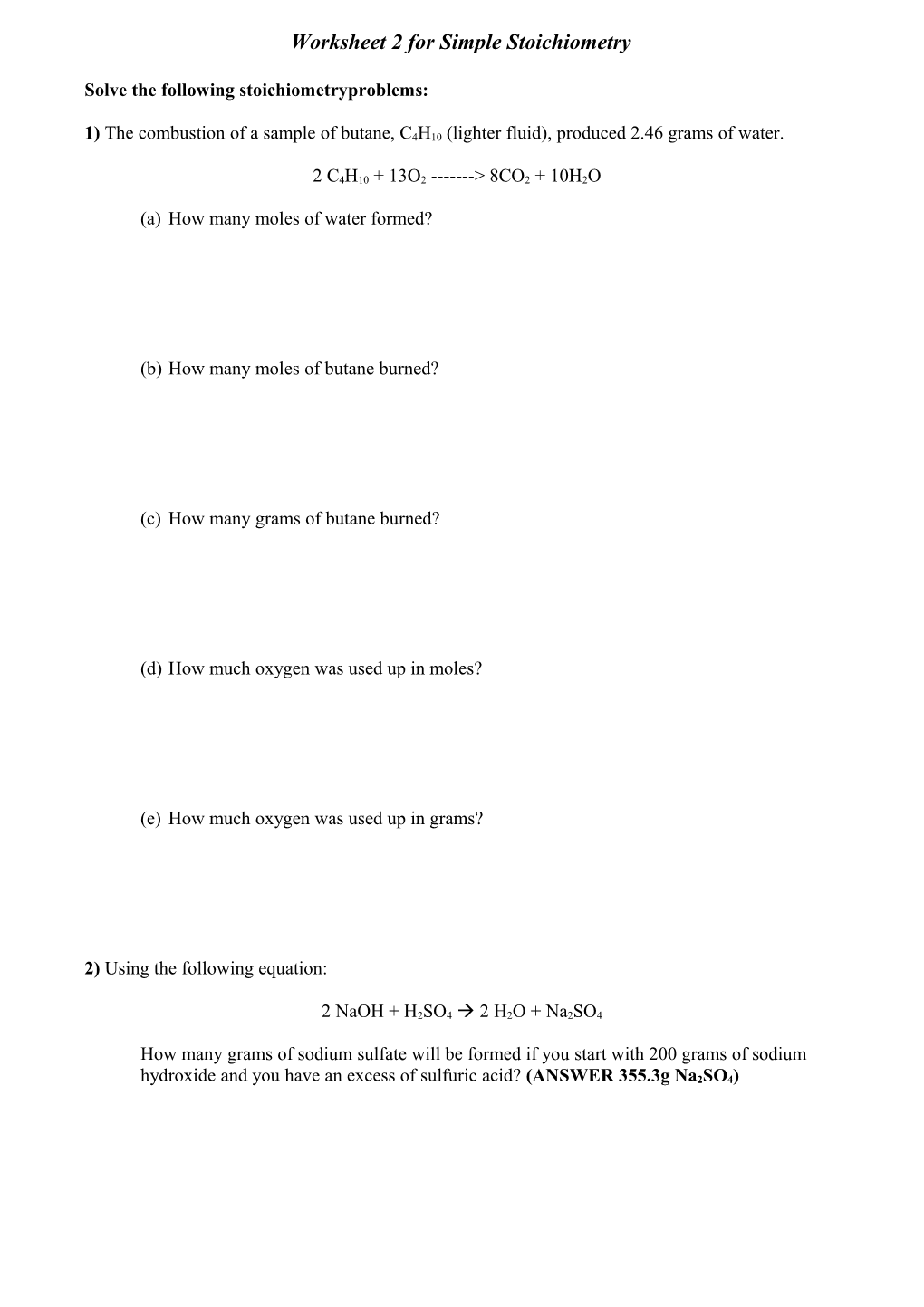 Worksheet for Basic Stoichiometry