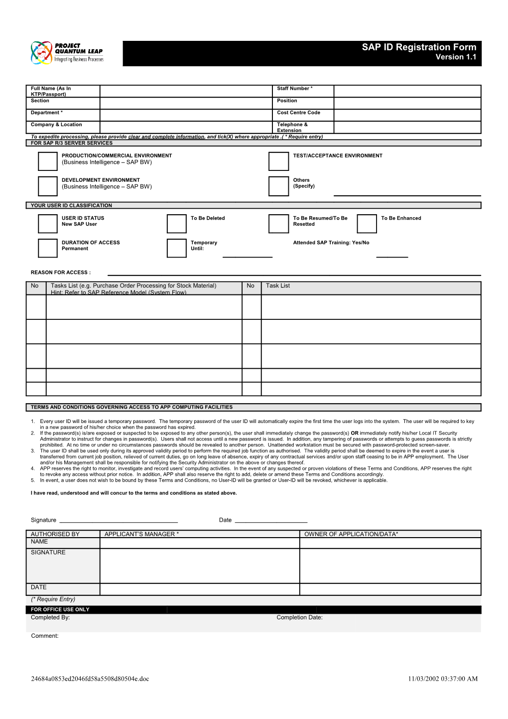 User ID Registration Form