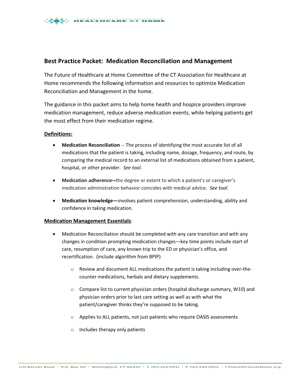 Best Practice Packet: Medication Reconciliation and Management