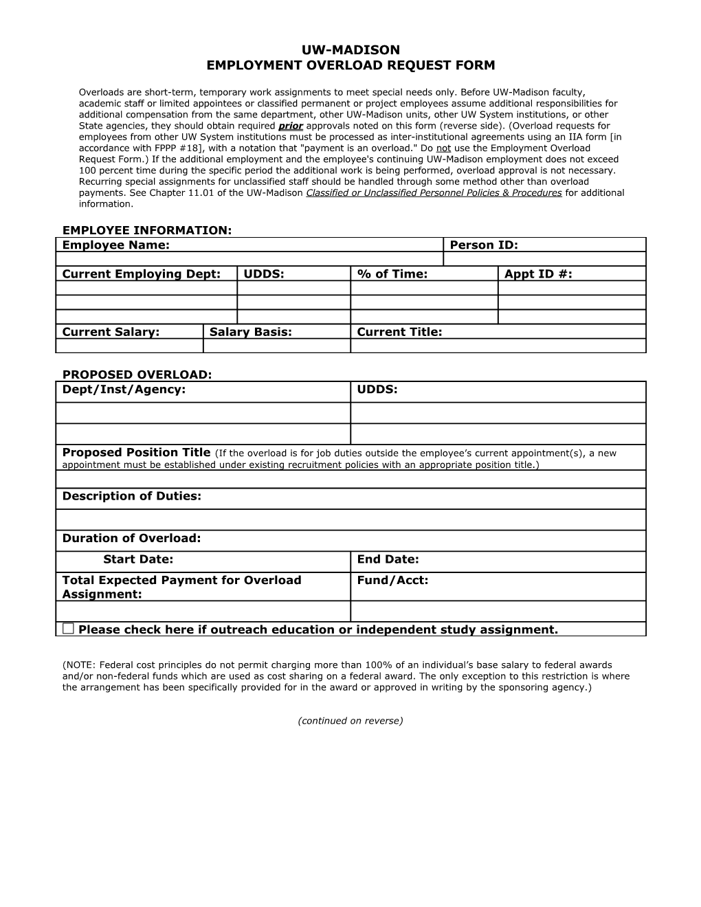 Employment Overload Request Form