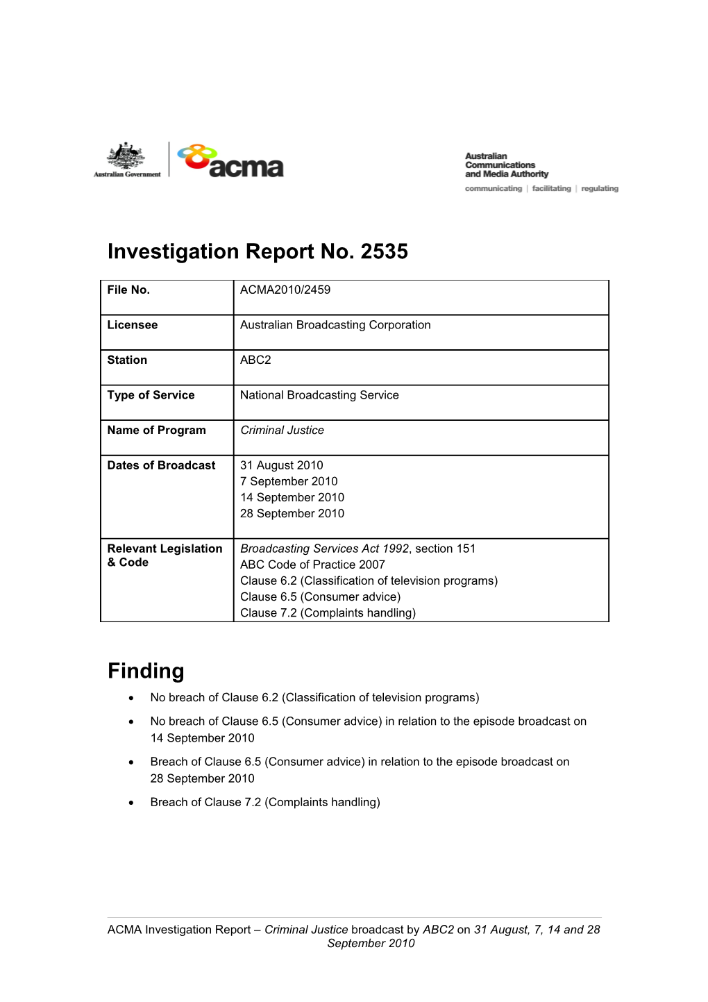 ABC2 TV - ACMA Investigation Report 2535