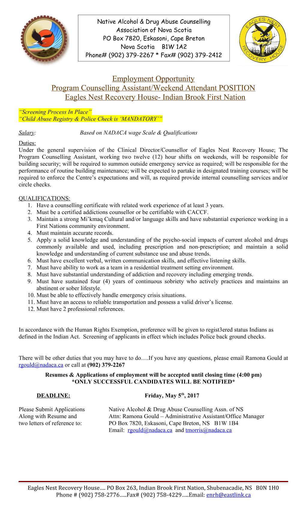 Program Counselling Assistant/Weekend Attendant POSITION