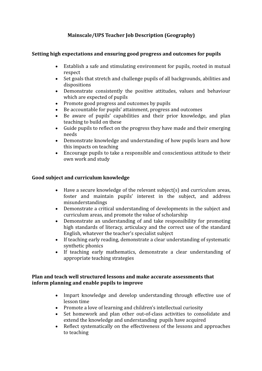 Mainscale/UPS Teacher Job Description (Geography)