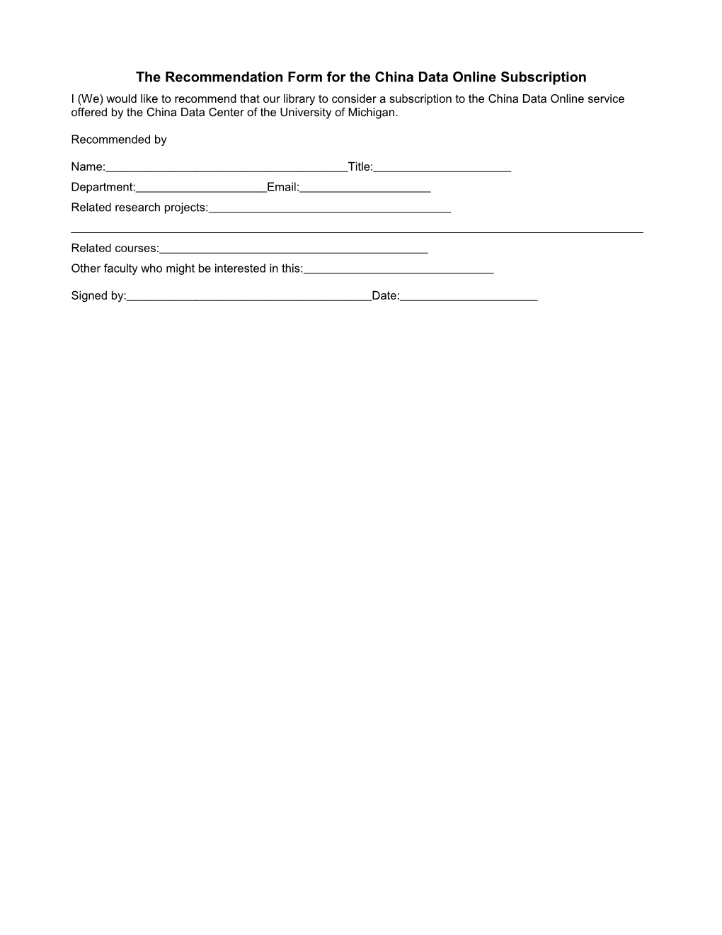 The Order Form for the China Data Online Subscription