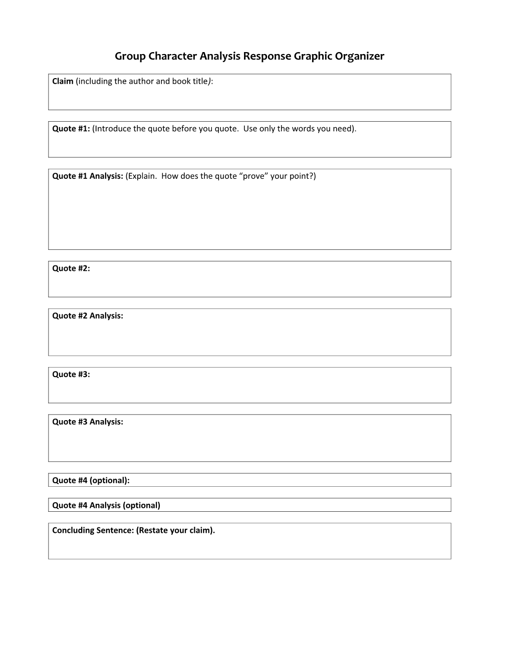 Group Character Analysis Response Graphic Organizer