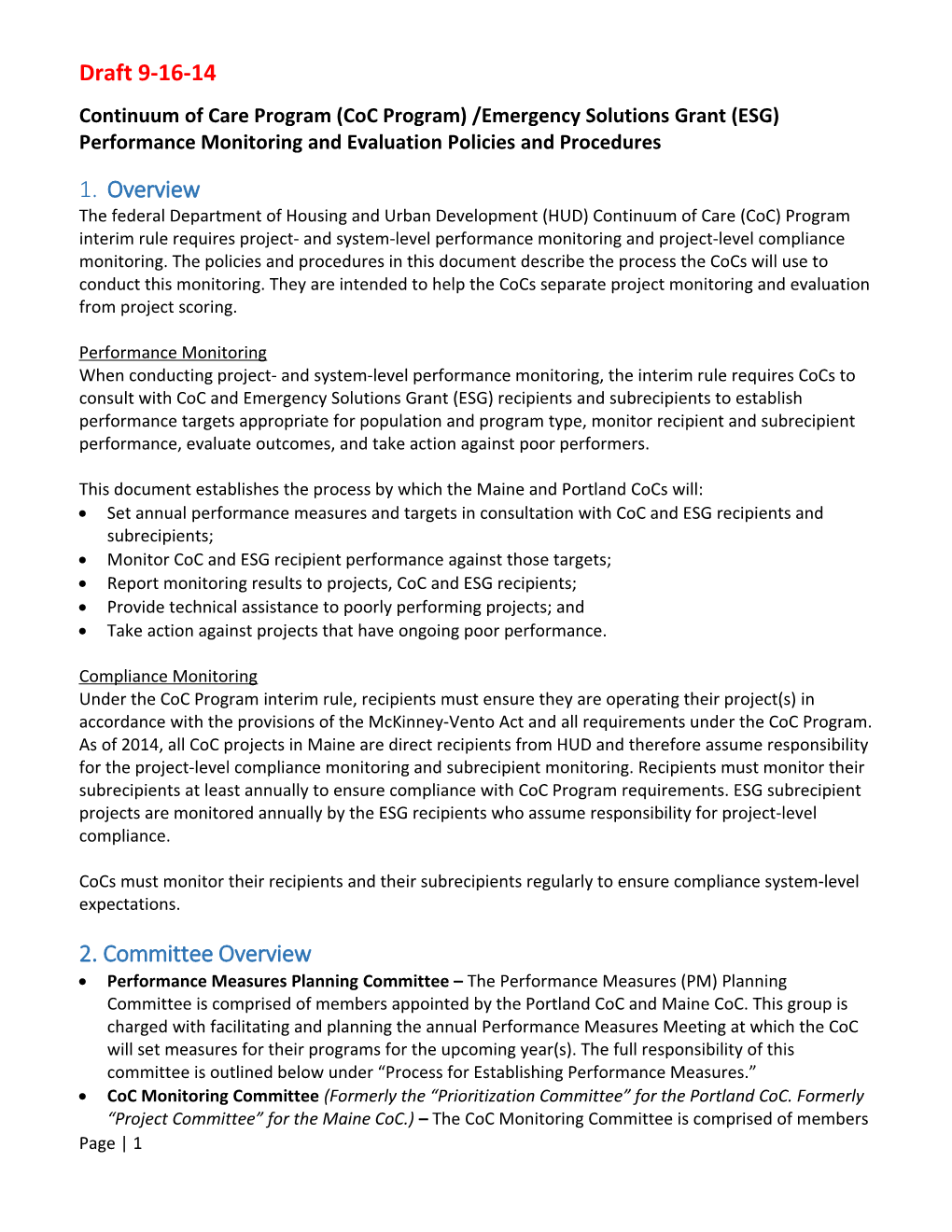 Continuum of Care Program (Coc Program) /Emergency Solutions Grant (ESG) Performancemonitoring