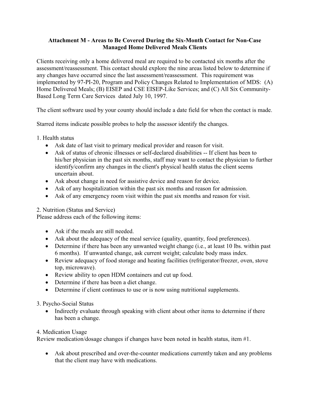 Attachment M - Areas to Be Covered During the Six-Month Contact for Non-Case Managed Home