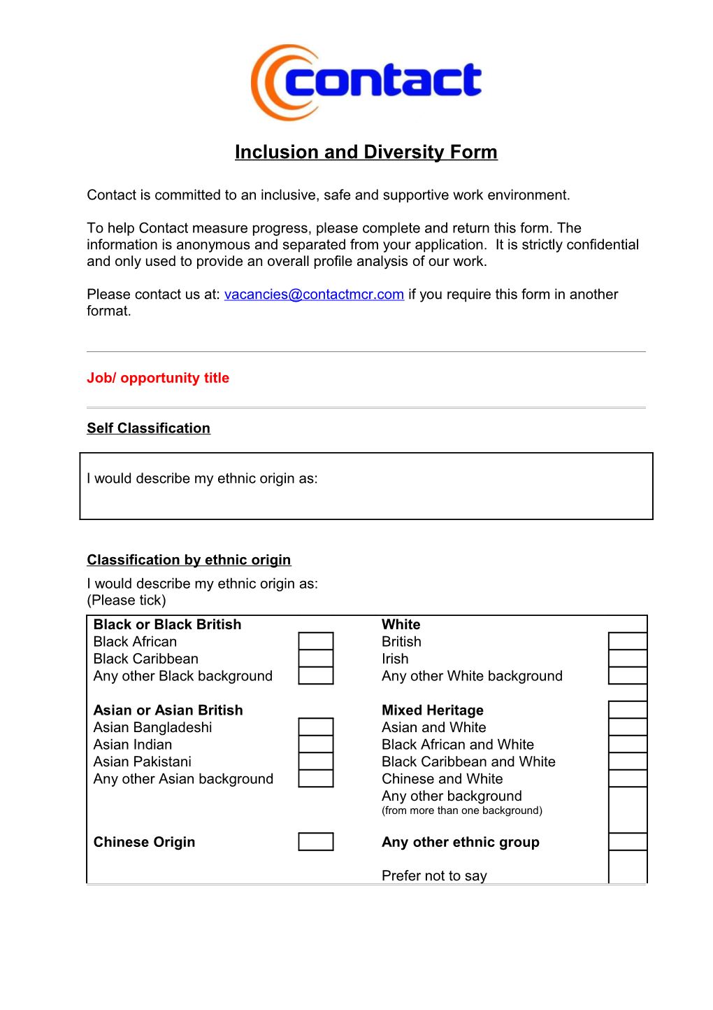Inclusion and Diversity Form