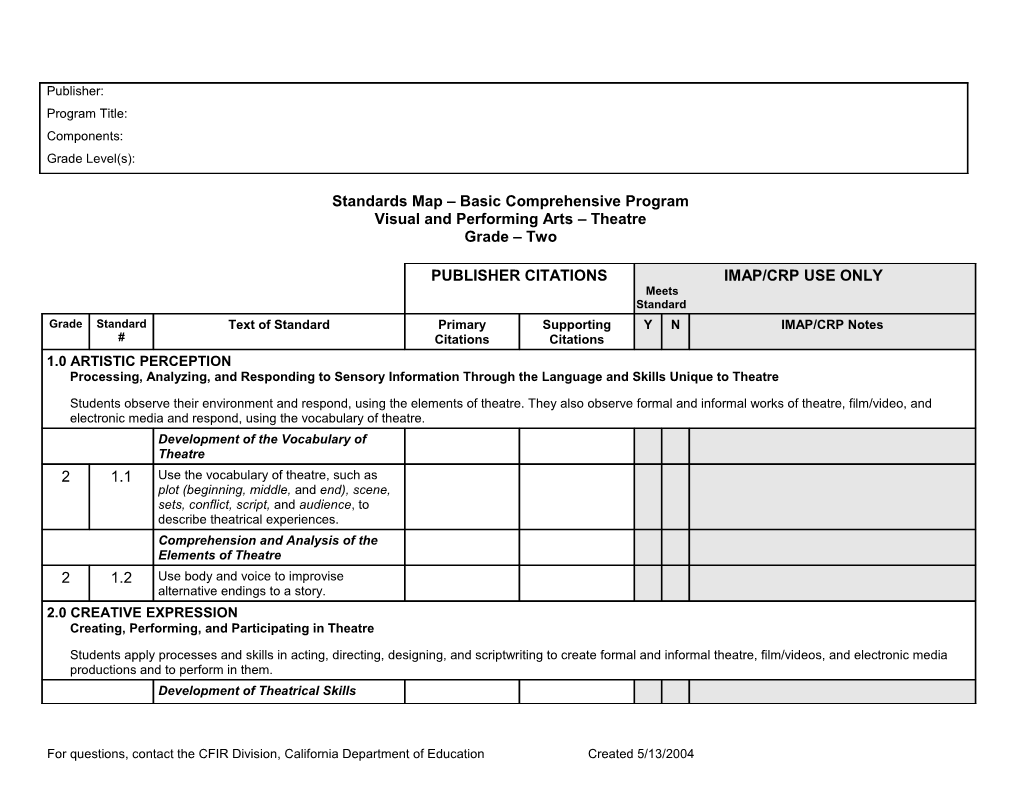 Grade Two Theatre Standards Map - Instructional Materials (CA Dept of Education)