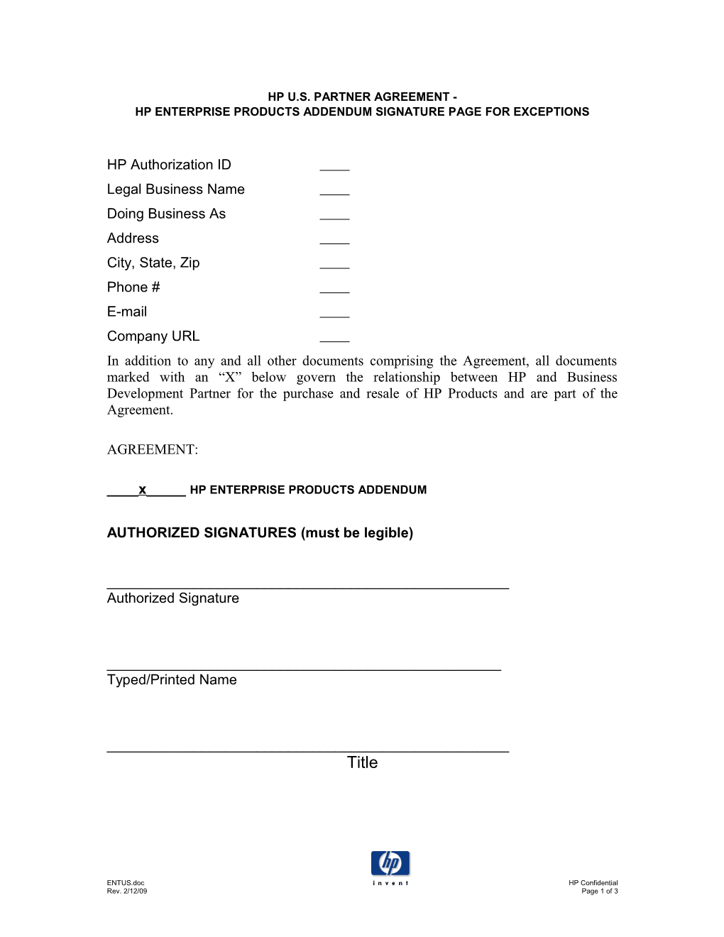 Hp Enterprise Products Addendum Signature Page for Exceptions