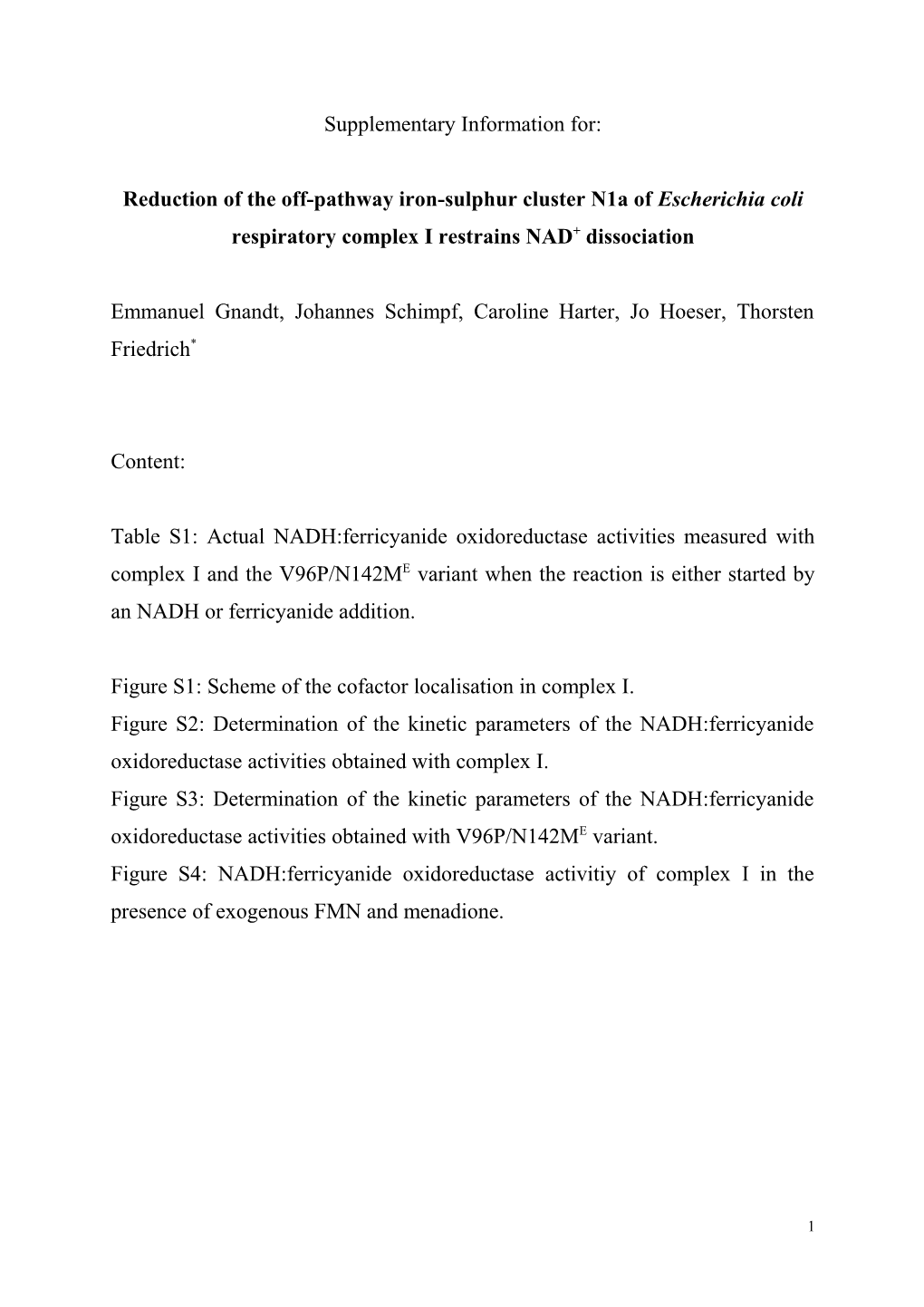 The 2Fe-2S -Cluster N1a Is Important for Stability of the Escherichia Coli NADH:Ubiquinone