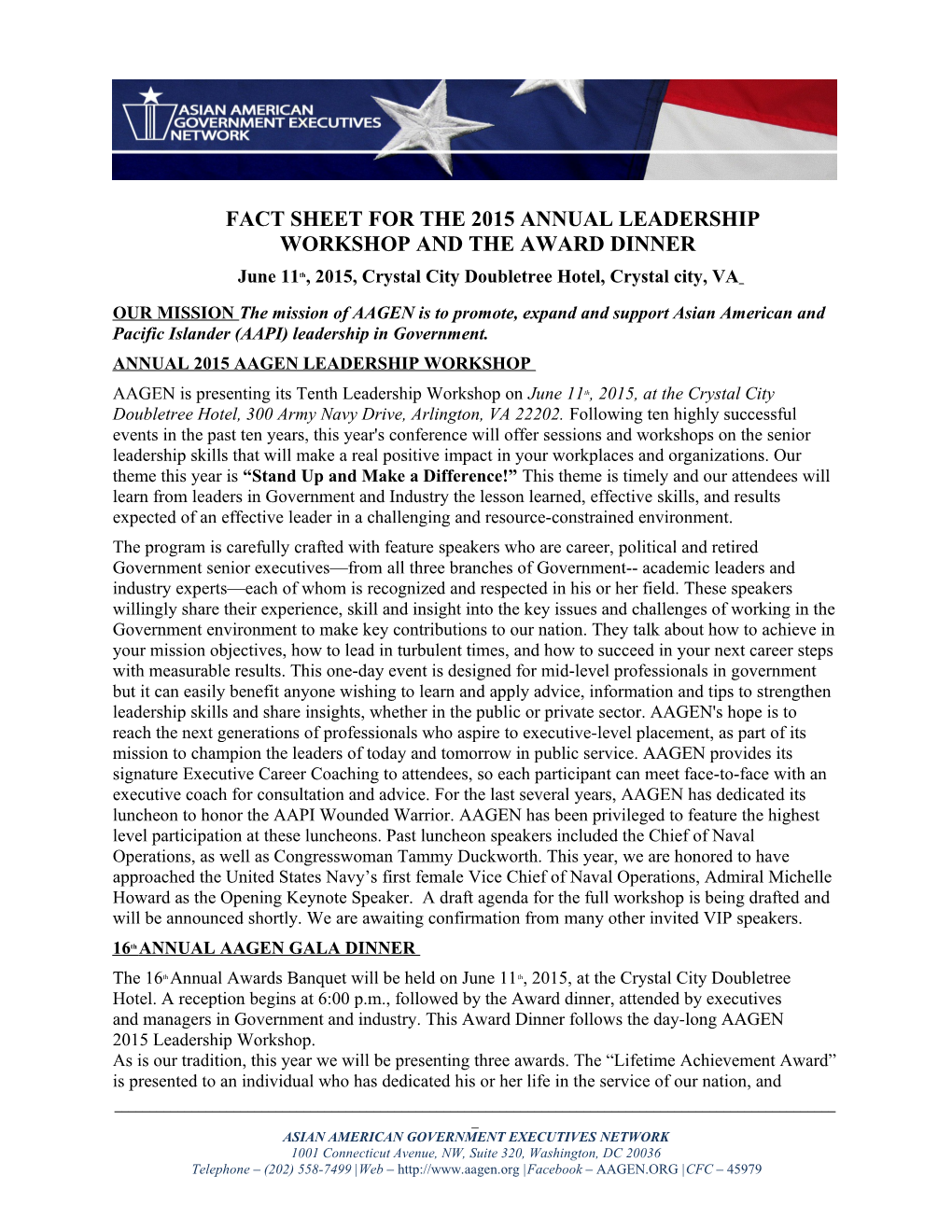 Fact Sheet for the 2015 Annual Leadership Workshop and the Award Dinner
