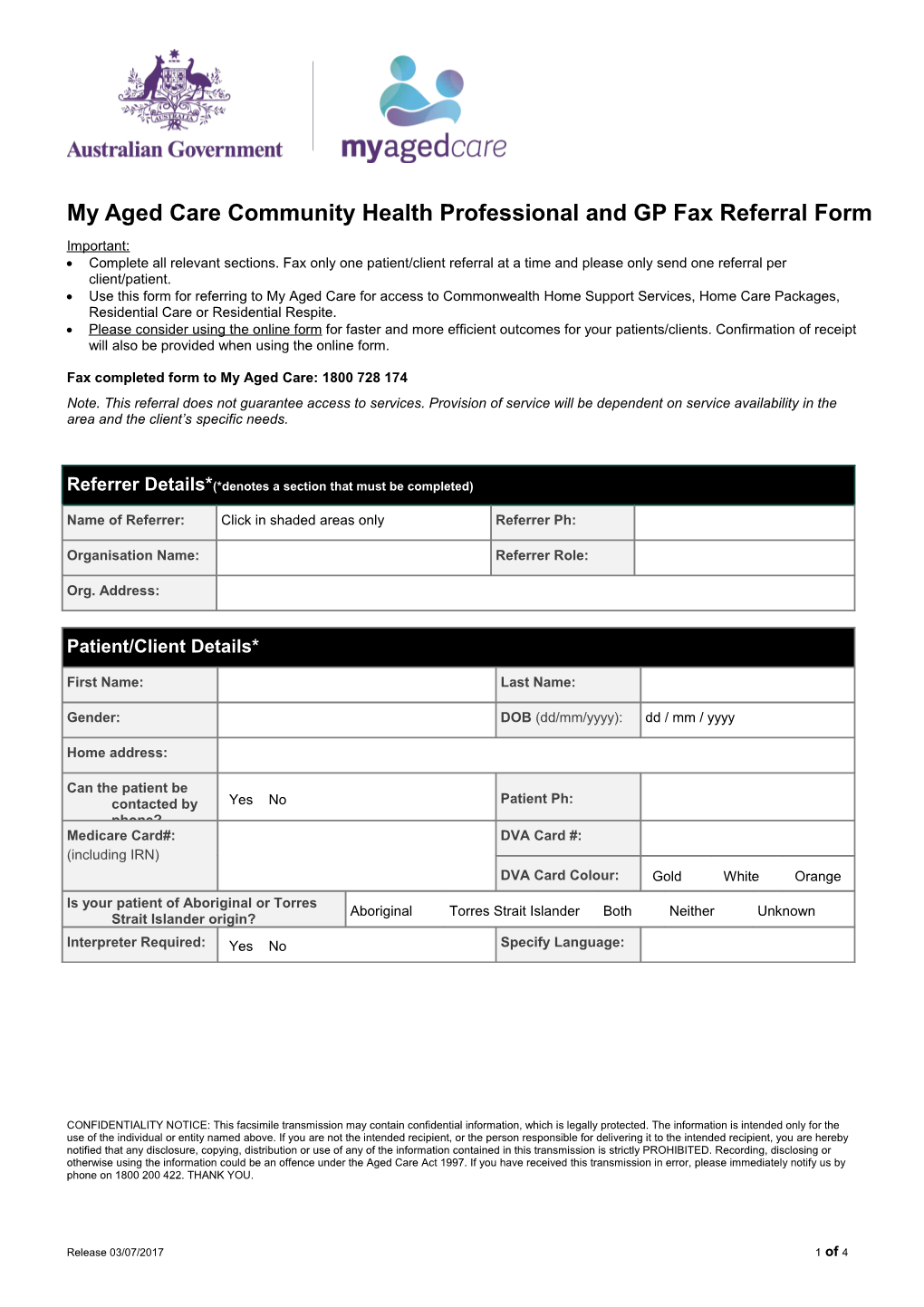 My Aged Care Community Health Professional and GP Fax Referral Form