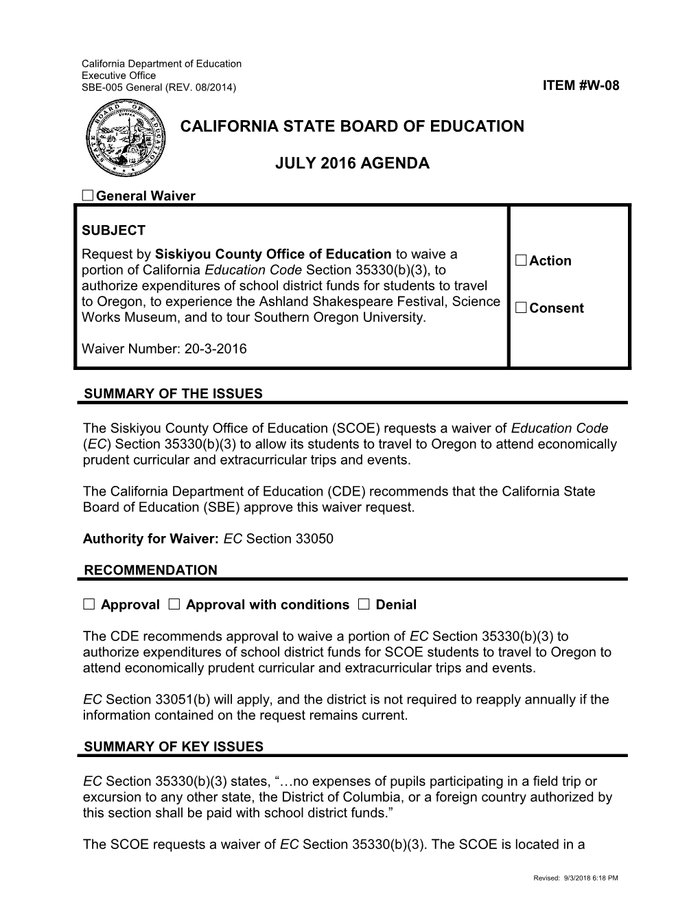 July 2016 Waiver Item W-08 - Meeting Agendas (CA State Board of Education)