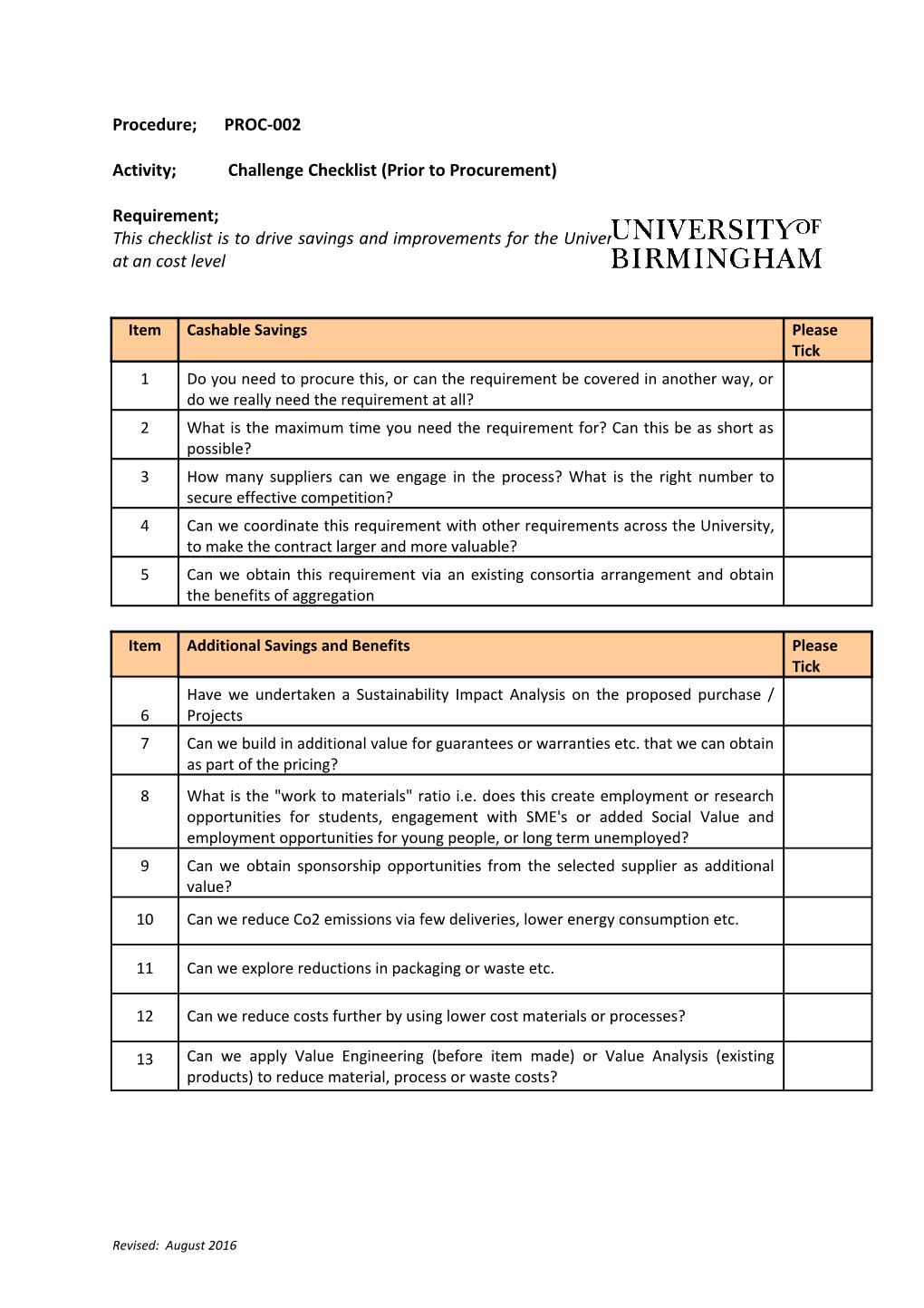 Activity; Challenge Checklist (Prior to Procurement)