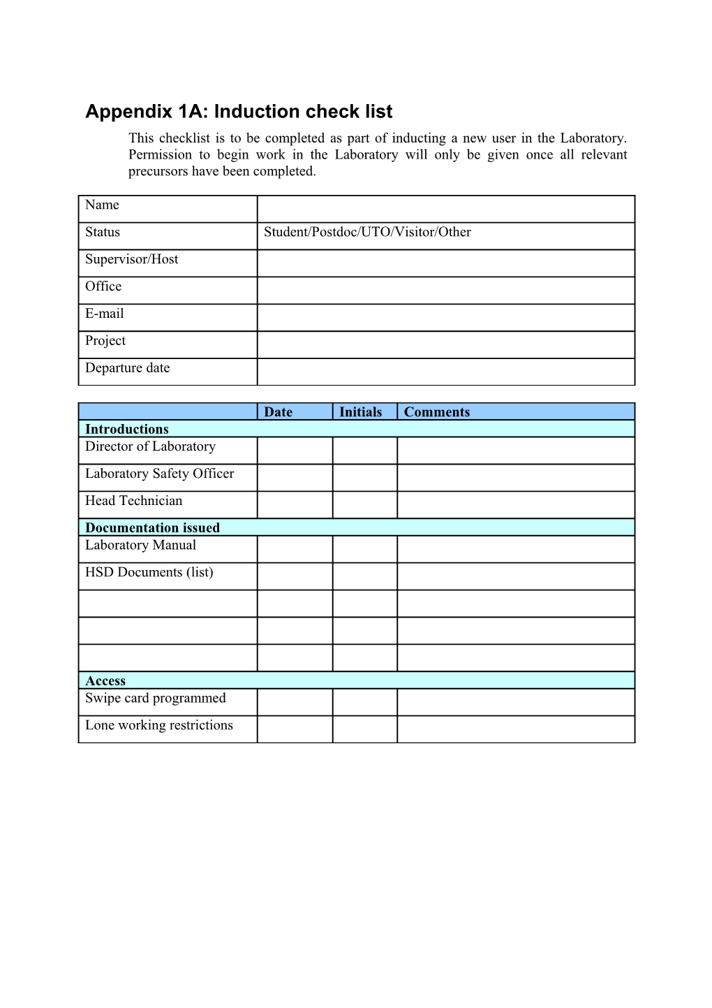 Appendix A: Induction Check List