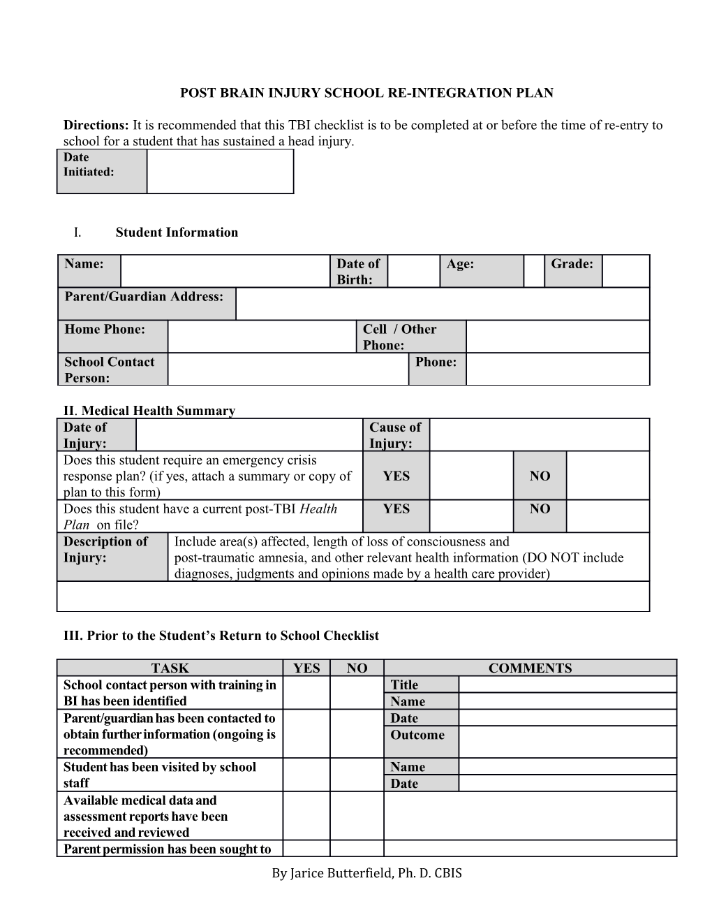 Post Brain Injury School Re-Integration Plan