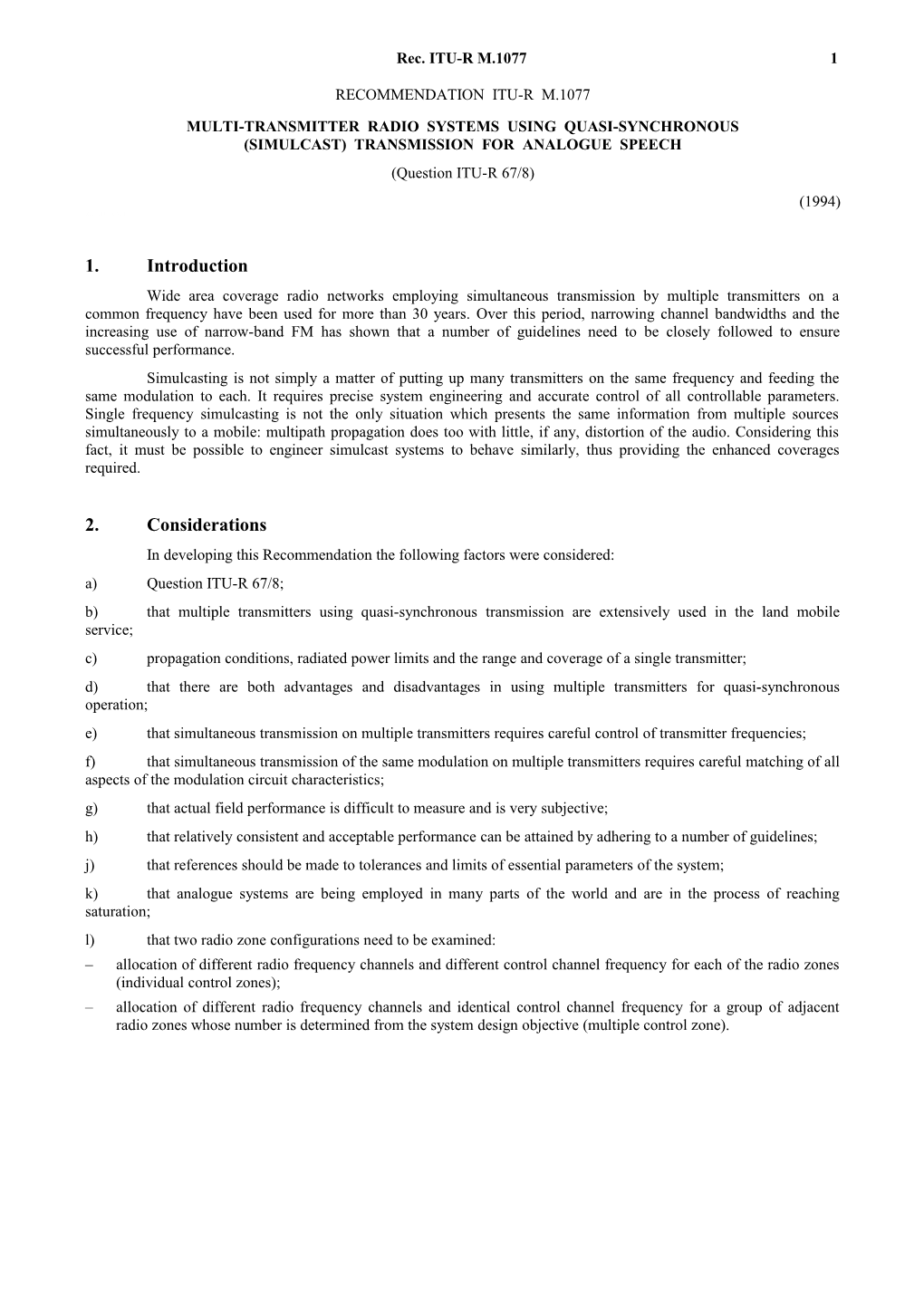 M.1077 - Multi-Transmitter Radio Systems Using Quasi-Synchronous (Simulcast) Transmission