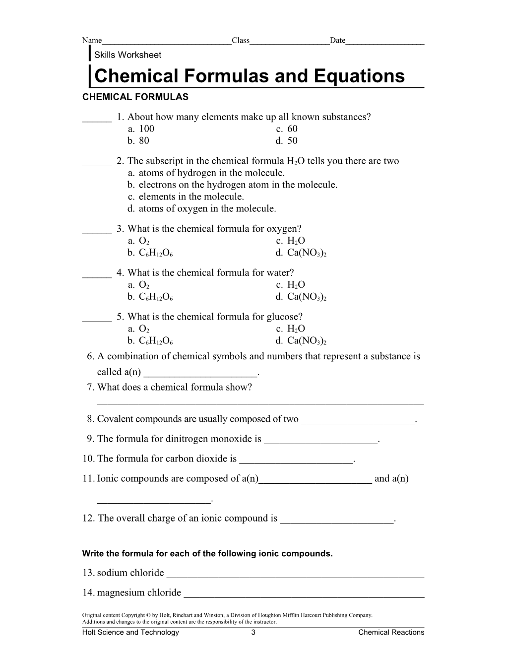 Chemical Formulas and Equations