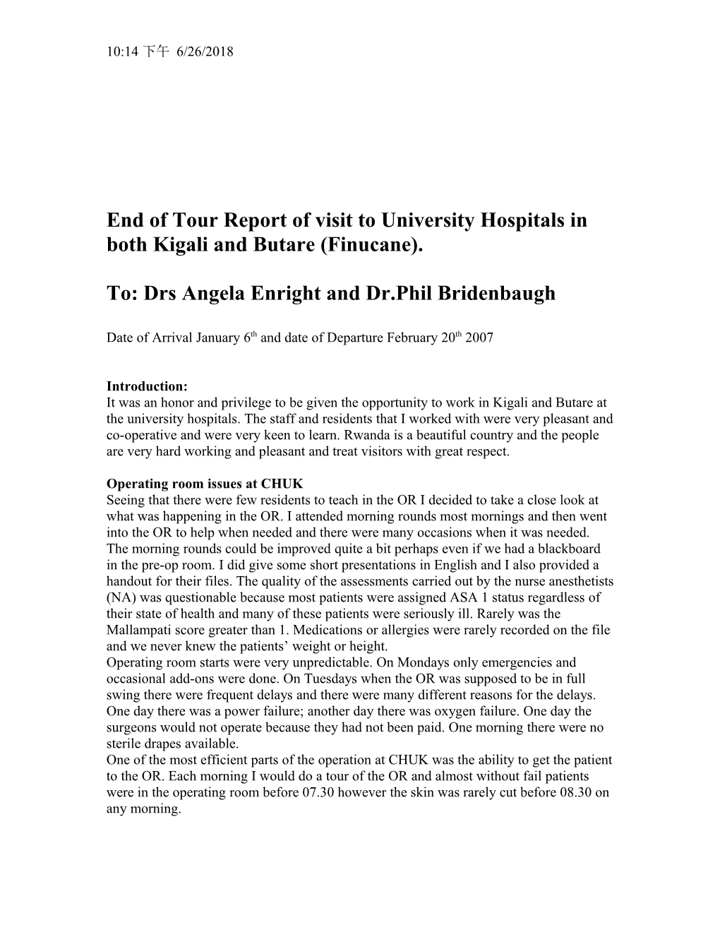 End of Tour Report of Visit to University Hospitals in Both Kigali and Butare