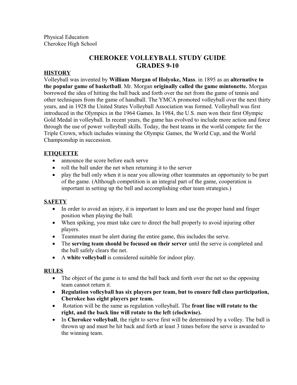 Cherokee Volleyball Study Guide