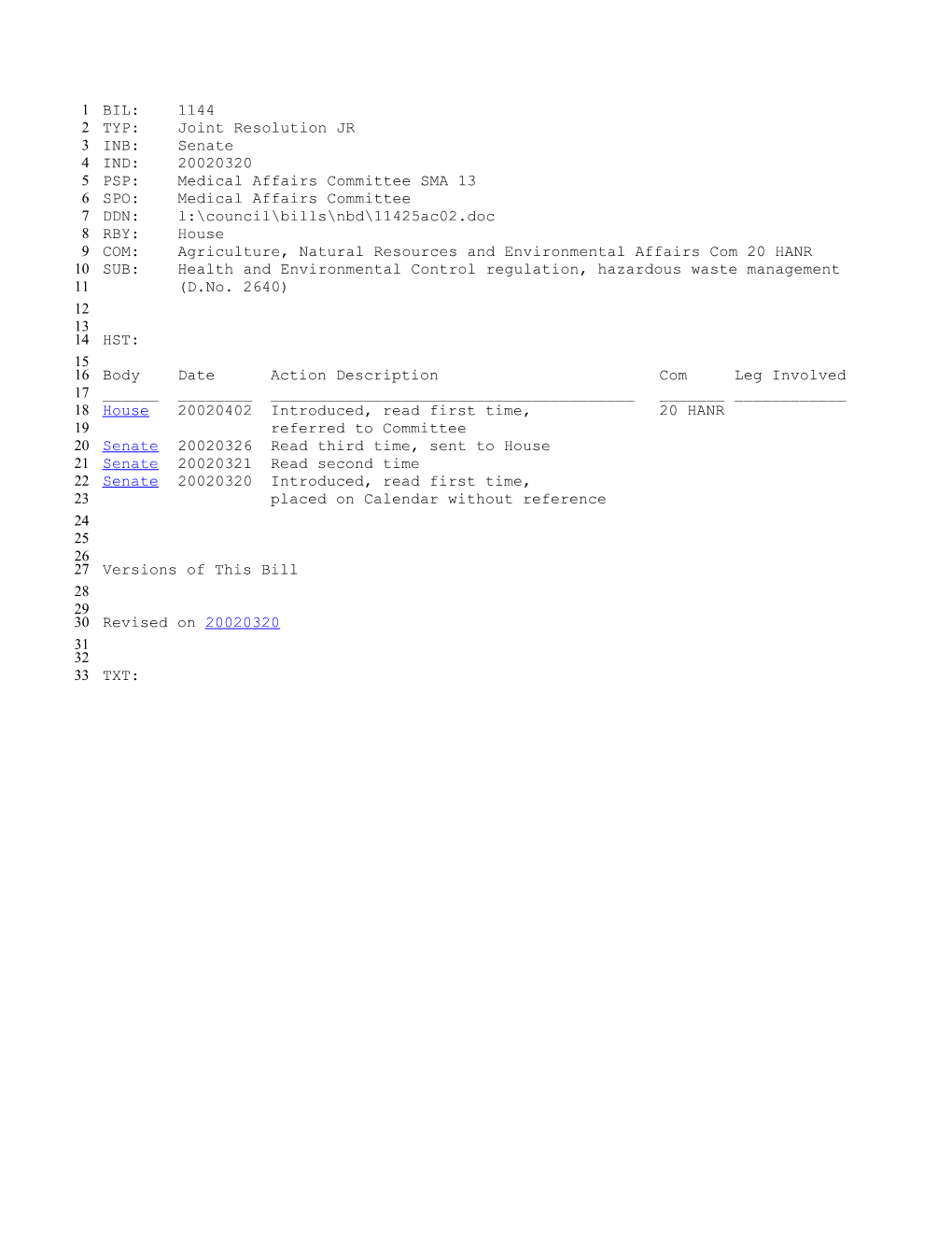 2001-2002 Bill 1144: Health and Environmental Control Regulation, Hazardous Waste Management