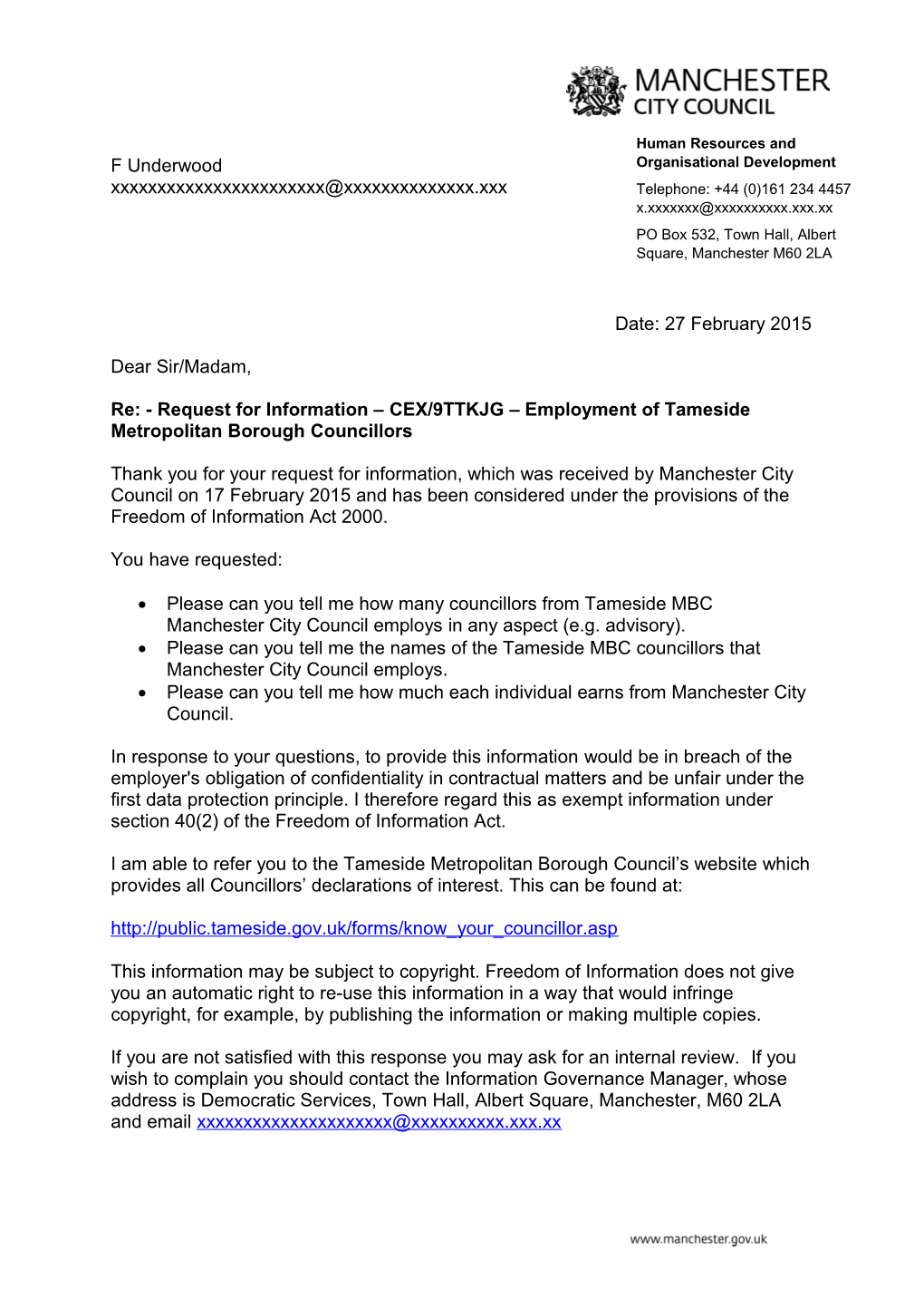 Re: - Request for Information CEX/9TTKJG Employment of Tameside Metropolitan Borough