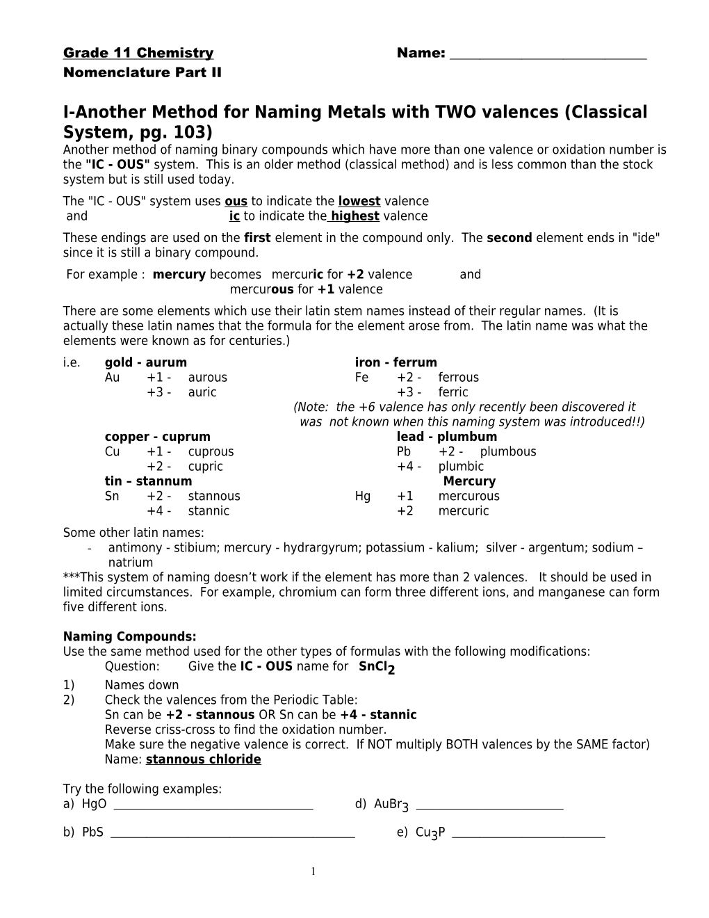 I-Another Method for Naming Metals with TWO Valences (Classical System, Pg. 103)