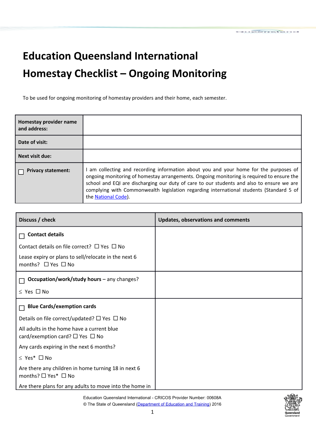 Homestay Checklist Ongoing Monitoring (Msword, 1Mb)
