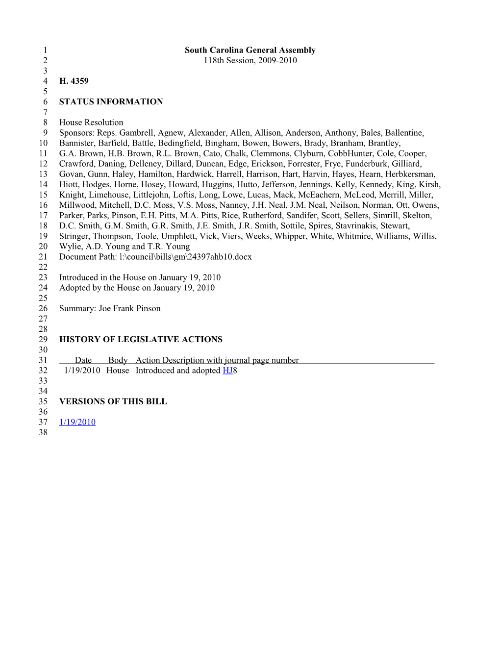 2009-2010 Bill 4359: Joe Frank Pinson - South Carolina Legislature Online