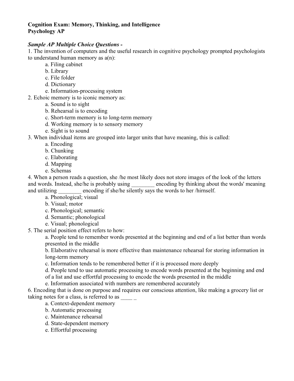 Cognition Exam: Memory, Thinking, and Intelligence