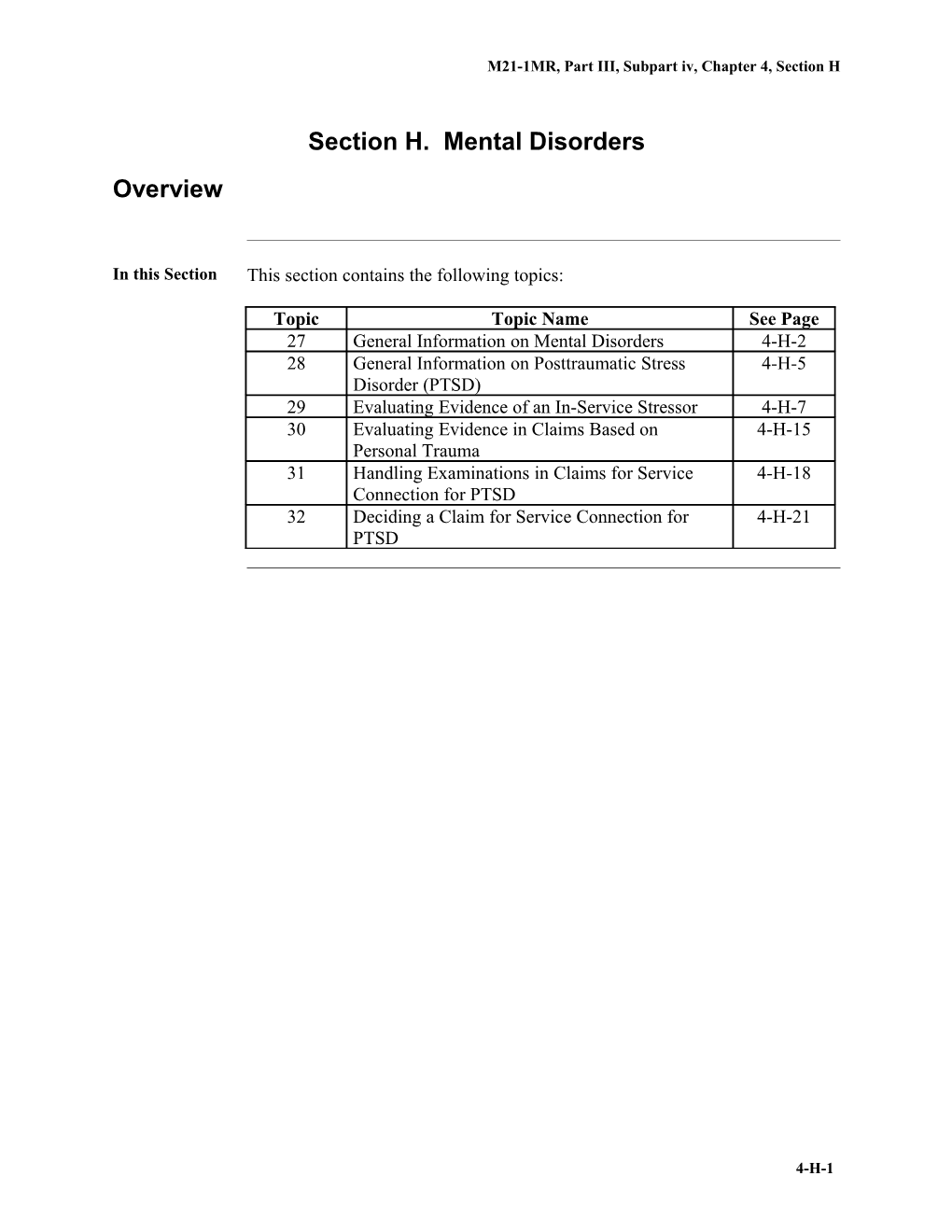 Part III, Subpart Iv, Chapter 4, Section H. Mental Disorders