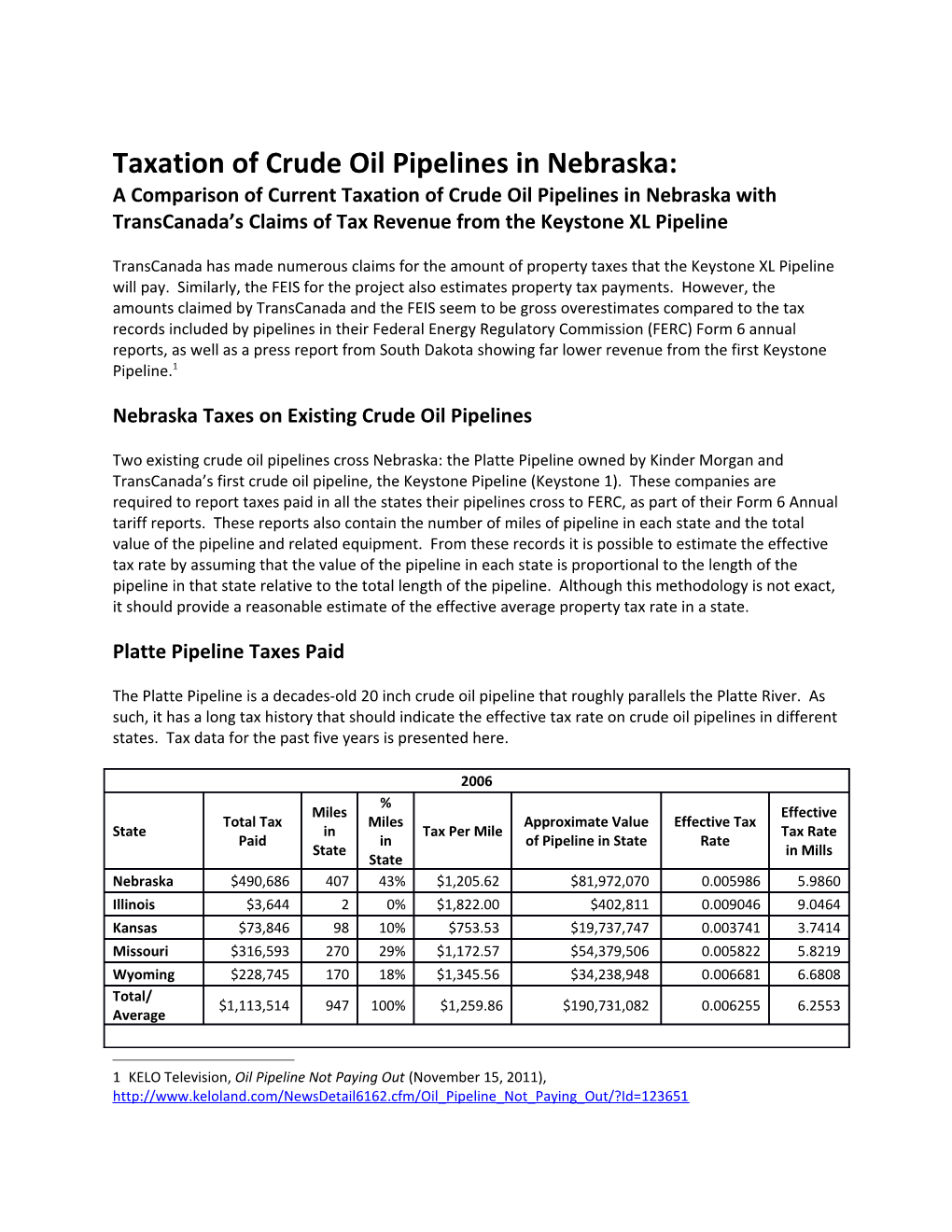 Taxation of Crude Oil Pipelines in Nebraska