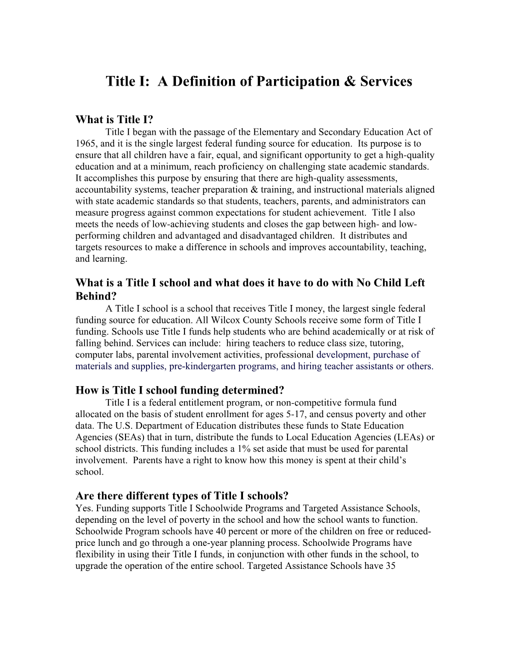 Title I: a Definition of Participation & Services