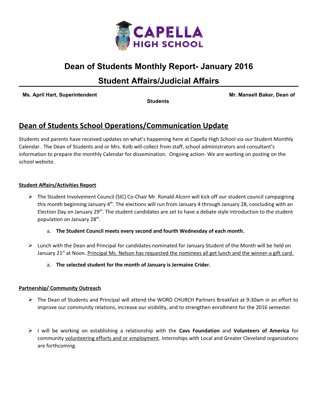 Dean of Students Monthly Report- January 2016