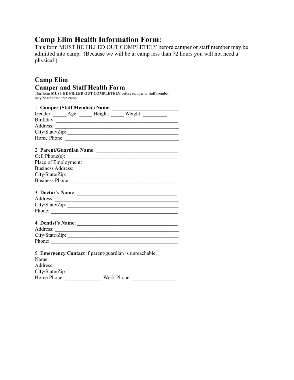 Camp Elim Health Information Form