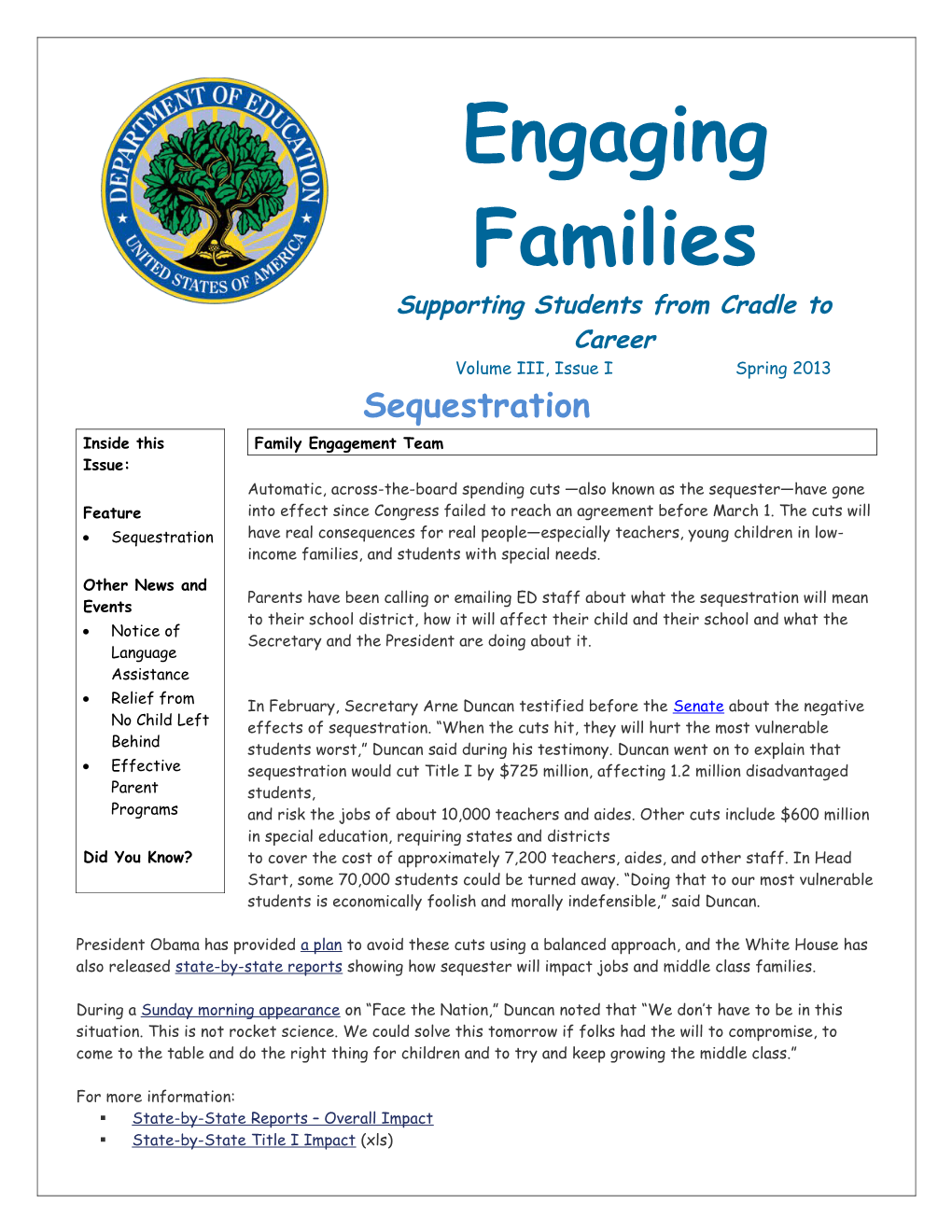 Engaging Families Newsletter: Volume III, Issue I Spring 13 March 2013 (MS Word)